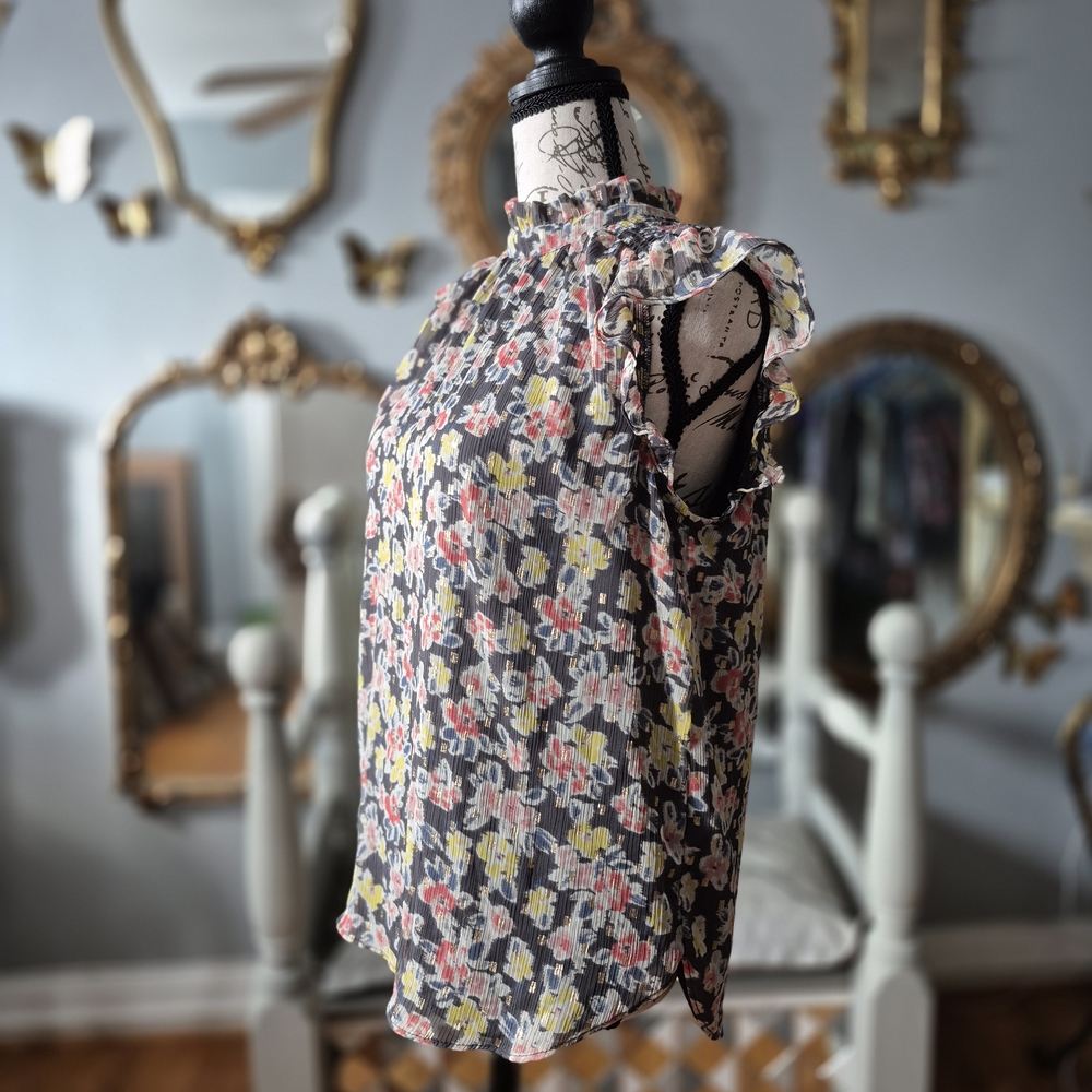 LOFT Floral Ruffle Blouse - Black, Pink, Yellow Small